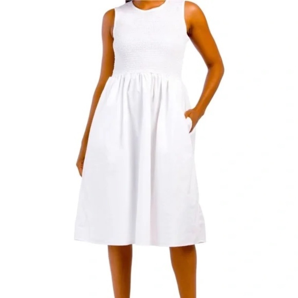 French Connection Rhodes Poplin Smocked Midi Dress White 6 NWT
